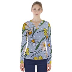 Narcissus Floral Botanical Flowers V-neck Long Sleeve Top by Pakjumat