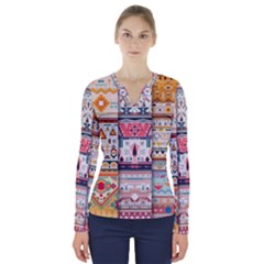 Pattern Texture Multi Colored Variation V-neck Long Sleeve Top by Pakjumat