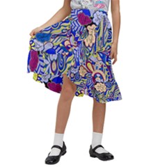 Blue Yellow Background Pattern Vector Texture Paisley Kids  Ruffle Flared Wrap Midi Skirt by Pakjumat