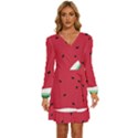 Minimalist Summer Watermelon Wallpaper Long Sleeve Waist Tie Ruffle Velvet Dress View1