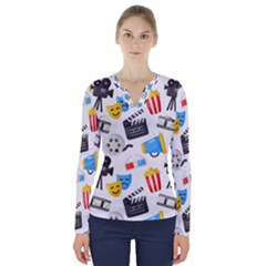 Cinema Icons Pattern Seamless Signs Symbols Collection Icon V-neck Long Sleeve Top by Pakjumat