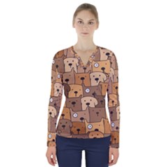 Cute Dog Seamless Pattern Background V-neck Long Sleeve Top by Pakjumat