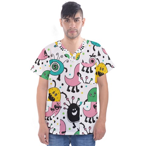 Funny Monster Pattern Men s V-neck Scrub Top by Pakjumat