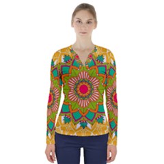 Mandala Patterns Yellow V-neck Long Sleeve Top by Pakjumat