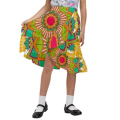 Mandala Patterns Yellow Kids  Ruffle Flared Wrap Midi Skirt by Pakjumat