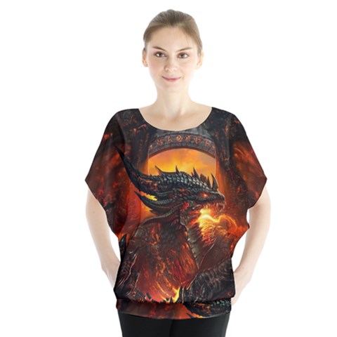 Dragon Fire Fantasy Art Batwing Chiffon Blouse by Maspions