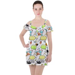 Sketch Cartoon Space Set Ruffle Cut Out Chiffon Playsuit by Hannah976