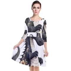 Cute Black Baby Dragon Flowers Painting (7) Quarter Sleeve Waist Band Dress by 1xmerch