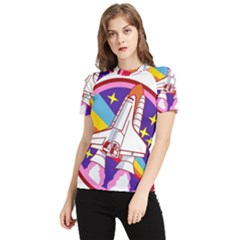 Badge Patch Pink Rainbow Rocket Women s Short Sleeve Rash Guard by Sarkoni