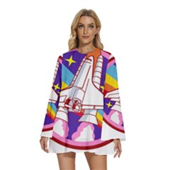 Badge Patch Pink Rainbow Rocket Round Neck Long Sleeve Bohemian Style Chiffon Mini Dress by Sarkoni