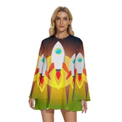 Rocket Take Off Missiles Cosmos Round Neck Long Sleeve Bohemian Style Chiffon Mini Dress by Sarkoni