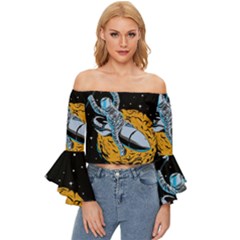 Astronaut Planet Space Science Off Shoulder Flutter Bell Sleeve Top by Sarkoni