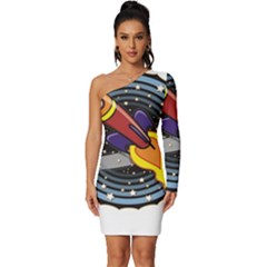 Rocket Space Clipart Illustrator Long Sleeve One Shoulder Mini Dress by Sarkoni