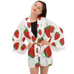 Seamless Pattern Fresh Strawberry Long Sleeve Kimono by Sarkoni