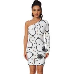 Dog Pattern Long Sleeve One Shoulder Mini Dress by Sarkoni