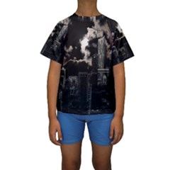 City Night Moon Skyline Skyscraper Kids  Short Sleeve Swimwear by Grandong