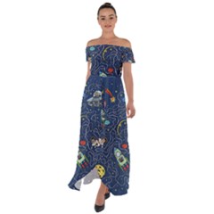 Cat Cosmos Cosmonaut Rocket Off Shoulder Open Front Chiffon Dress by Grandong