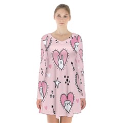 Cartoon Cute Valentines Day Doodle Heart Love Flower Seamless Pattern Vector Long Sleeve Velvet V-neck Dress by Apen