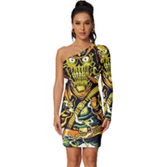 Cowboy Skeleton With Gun Illustration Long Sleeve One Shoulder Mini Dress by Sarkoni