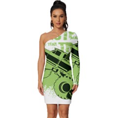 Monster Truck Illustration Green Car Long Sleeve One Shoulder Mini Dress by Sarkoni