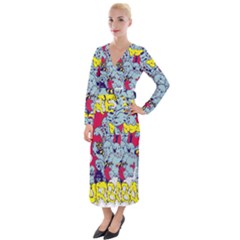 Fresh Urban Cartoon Monster Illustration Cartoon Character Text Velvet Maxi Wrap Dress by Sarkoni