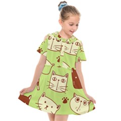 Cute Hand Drawn Cat Seamless Pattern Kids  Short Sleeve Shirt Dress by Bedest