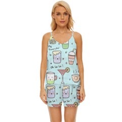 Drinks Cocktails Doodle Coffee V-neck Satin Pajamas Set by Apen