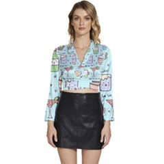 Drinks Cocktails Doodle Coffee Long Sleeve Tie Back Satin Wrap Top by Apen