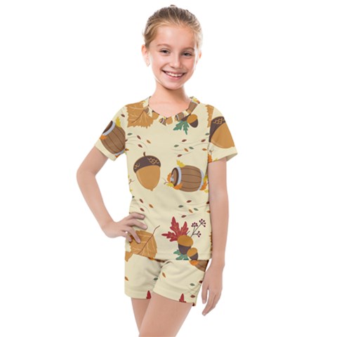 Leaves Foliage Acorns Barrel Kids  Mesh T-shirt And Shorts Set by Apen