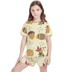 Leaves Foliage Acorns Barrel Kids  T-shirt And Sports Shorts Set by Apen