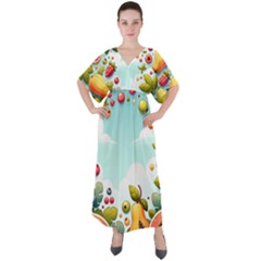 Fruits Sweet Papaya Orange Pattern V-neck Boho Style Maxi Dress by Ravend