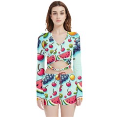 Fruits Sweet Pattern Velvet Wrap Crop Top And Shorts Set by Ravend