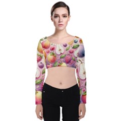 Fruits Apple Strawberry Raspberry Velvet Long Sleeve Crop Top by Ravend