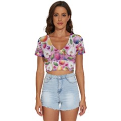 Fruits Apple Strawberry Raspberry V-neck Crop Top by Ravend