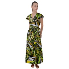 Foliage Pattern Texture Background Flutter Sleeve Maxi Dress by Ravend