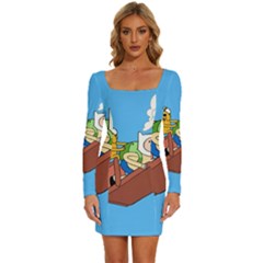 Cartoon Adventure Time Jake And Finn Long Sleeve Square Neck Bodycon Velvet Dress by Sarkoni