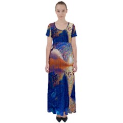 Digital Art Fantasy Impressionism Painting Ship Boat Psychedelic Peacock Mushroom Flamingos Hipwreck High Waist Short Sleeve Maxi Dress by Sarkoni