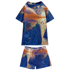 Digital Art Fantasy Impressionism Painting Ship Boat Psychedelic Peacock Mushroom Flamingos Hipwreck Kids  Swim T-shirt And Shorts Set by Sarkoni