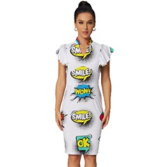 Set Colorful Comic Speech Bubbles Vintage Frill Sleeve V-neck Bodycon Dress by Hannah976