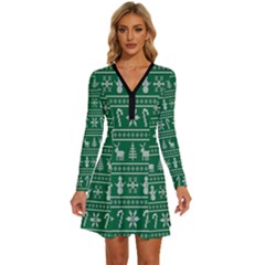 Wallpaper Ugly Sweater Backgrounds Christmas Long Sleeve Deep V Mini Dress  by artworkshop