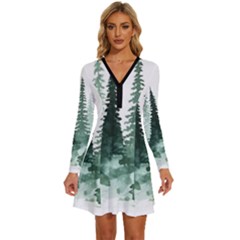 Tree Watercolor Painting Pine Forest Long Sleeve Deep V Mini Dress  by Hannah976