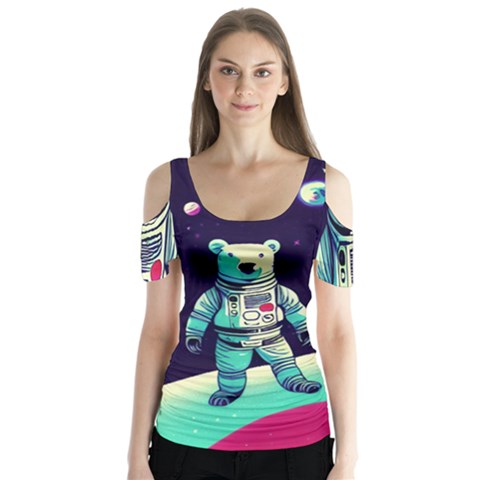 Bear Astronaut Futuristic Butterfly Sleeve Cutout T-shirt  by Bedest