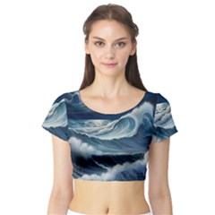 Waves Storm Sea Short Sleeve Crop Top by Bedest