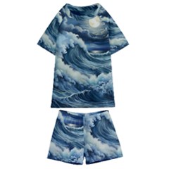 Waves Storm Sea Moon Landscape Kids  Swim T-shirt And Shorts Set by Bedest