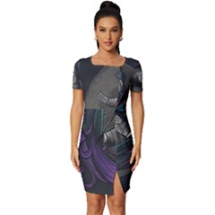 Illustration Astronaut Cosmonaut Paying Skateboard Sport Space With Astronaut Suit Fitted Knot Split End Bodycon Dress by Ndabl3x