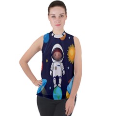 Boy Spaceman Space Rocket Ufo Planets Stars Mock Neck Chiffon Sleeveless Top by Ndabl3x