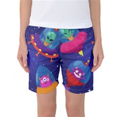 Cartoon Funny Aliens With Ufo Duck Starry Sky Set Women s Basketball Shorts by Ndabl3x