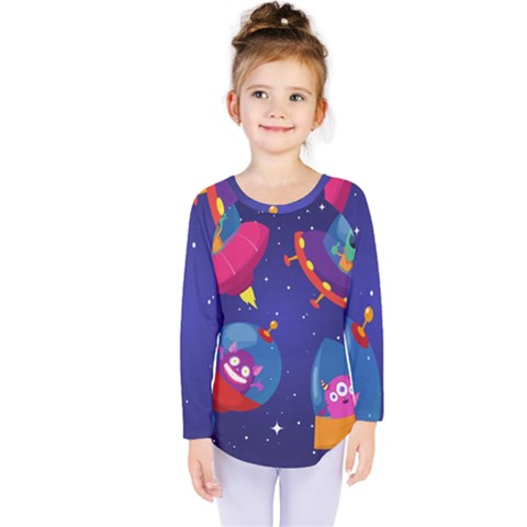 Cartoon Funny Aliens With Ufo Duck Starry Sky Set Kids  Long Sleeve T-shirt by Ndabl3x