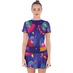 Cartoon Funny Aliens With Ufo Duck Starry Sky Set Drop Hem Mini Chiffon Dress by Ndabl3x