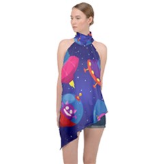 Cartoon Funny Aliens With Ufo Duck Starry Sky Set Halter Asymmetric Satin Top by Ndabl3x